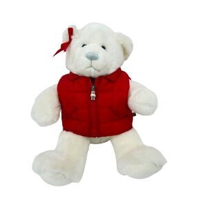 Build-A-Bear Workshop White Cuddly Teddy Bear Gray Nose Red Vest 14"